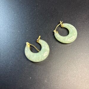 Hong Kong 14K Yellow Gold 24mm Jade Huggie Hoop Earrings 9.1g